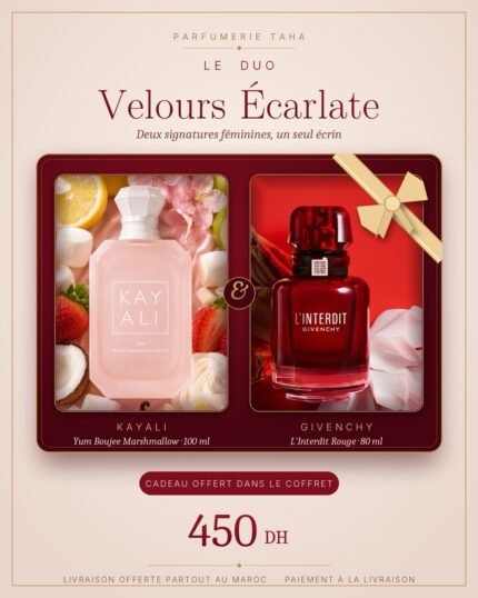 Deux signatures féminines dans un seul écrin : la douceur gourmande de Kayali Yum Boujee Marshmallow 100 ml et la passion de Givenchy L'Interdit Rouge 80 ml. Cadeau offert, livraison offerte partout au Maroc.